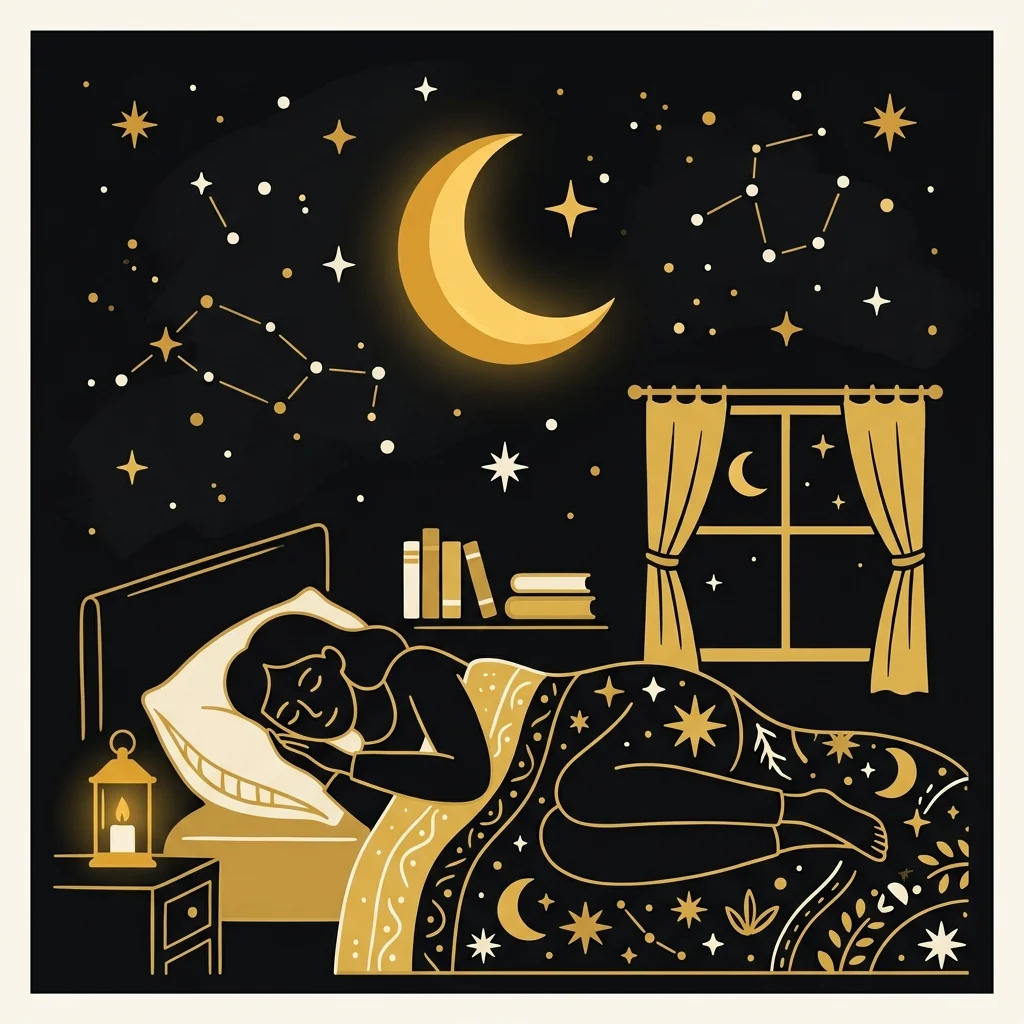 Ilustração cartoon em preto e dourado: Uma lua crescente e estrelas douradas sobre uma silhueta adormecida