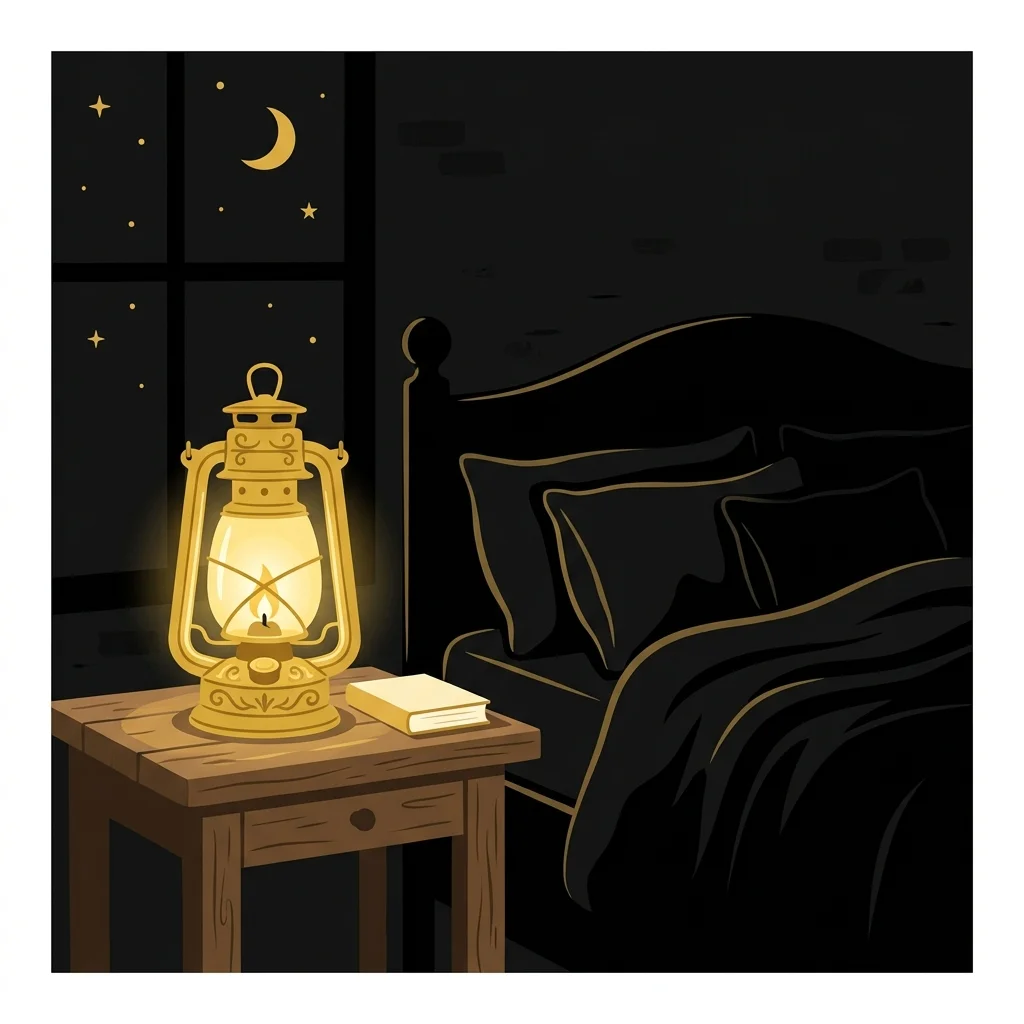 Ilustração cartoon em preto e dourado: Uma lamparina dourada brilhando suavemente ao lado de uma cama em silhueta