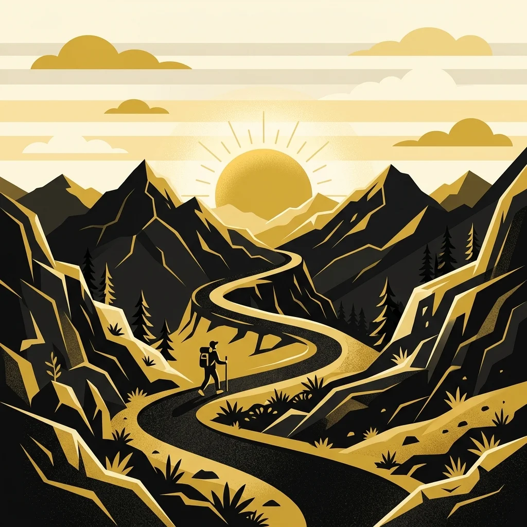 Ilustração cartoon em preto e dourado: Um nascer do sol dourado surgindo sobre uma trilha de montanha
