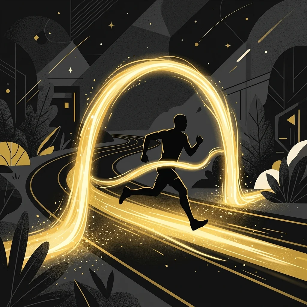 Ilustração cartoon em preto e dourado: Um corredor em silhueta cruzando uma linha de chegada feita de luz dourada