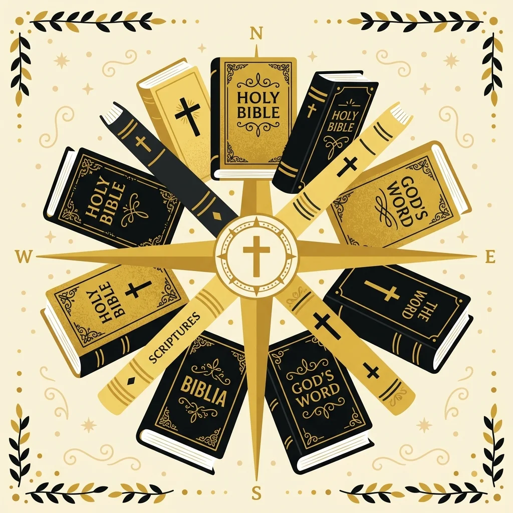 Ilustração cartoon em preto e dourado: Várias Bíblias de tamanhos e cores diferentes dispostas em leque como uma bússola