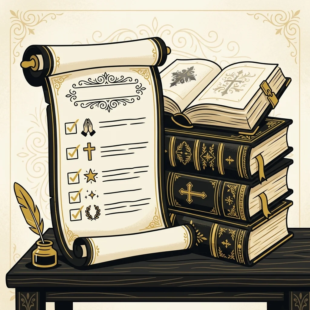 Ilustração cartoon em preto e dourado: Um pergaminho com uma lista de verificação ao lado de uma pilha de Bíblias