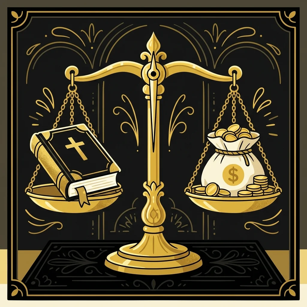 Ilustração cartoon em preto e dourado: Uma balança dourada pesando uma Bíblia contra uma bolsa de moedas