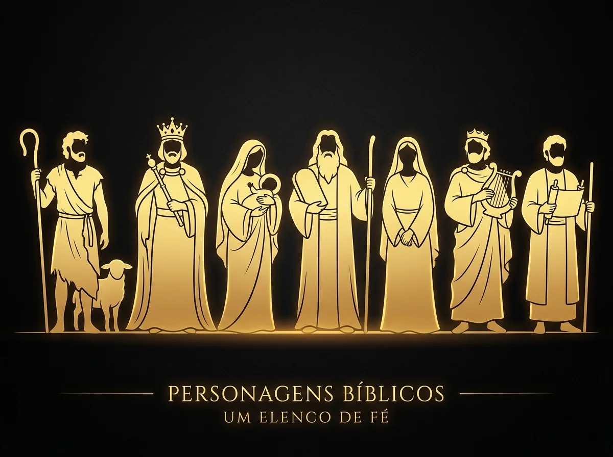 Ilustração cartoon em preto e dourado com silhuetas de personagens bíblicos como Moisés, Davi e Maria, representando a galeria de personagens da Bíblia