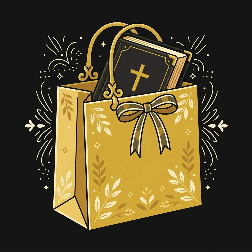 Ilustração cartoon em preto e dourado: Uma sacola de compras dourada com uma Bíblia à mostra, fita decorativa