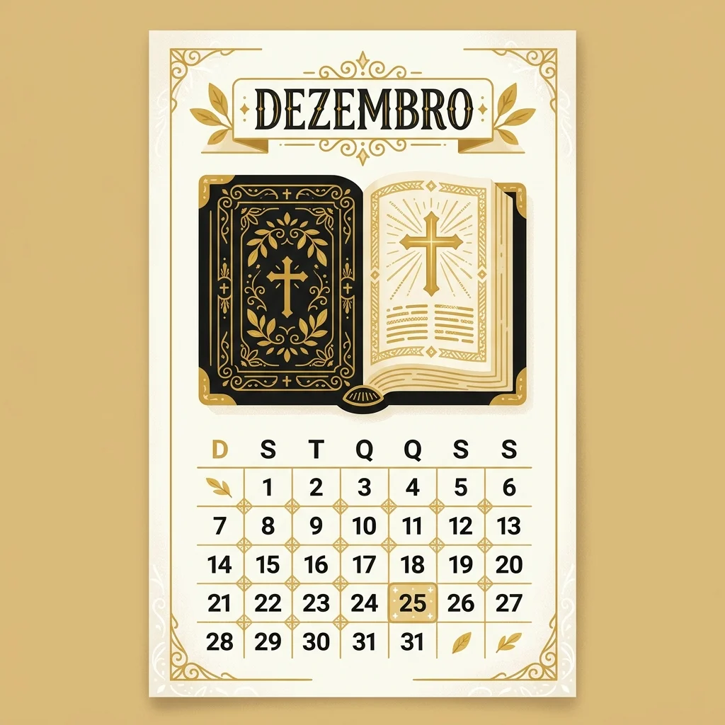 Ilustração cartoon em preto e dourado: Uma página de calendário estilizada com um ícone decorativo de Bíblia no centro