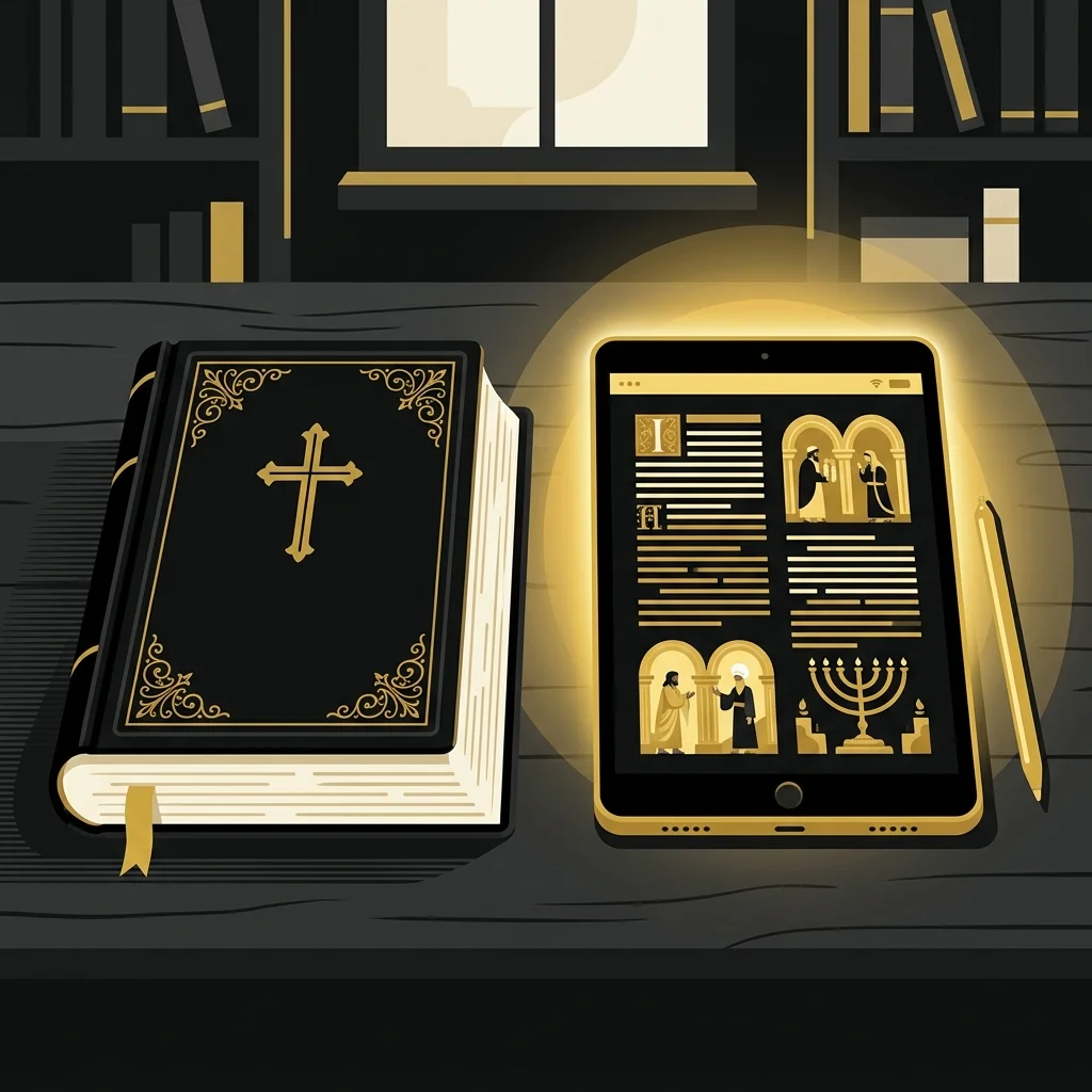 Ilustração cartoon em preto e dourado: Uma Bíblia impressa e um tablet com brilho dourado lado a lado