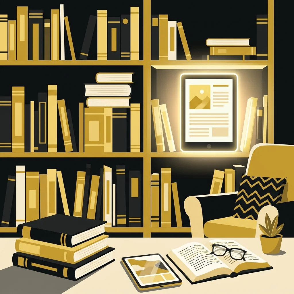 Ilustração cartoon em preto e dourado: Uma estante dividida entre livros físicos e uma tela digital brilhante