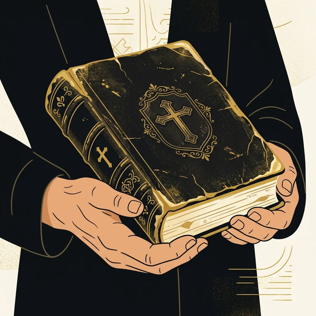 Ilustração cartoon em preto e dourado: Mãos cuidadosas segurando uma Bíblia de couro antiga e desgastada