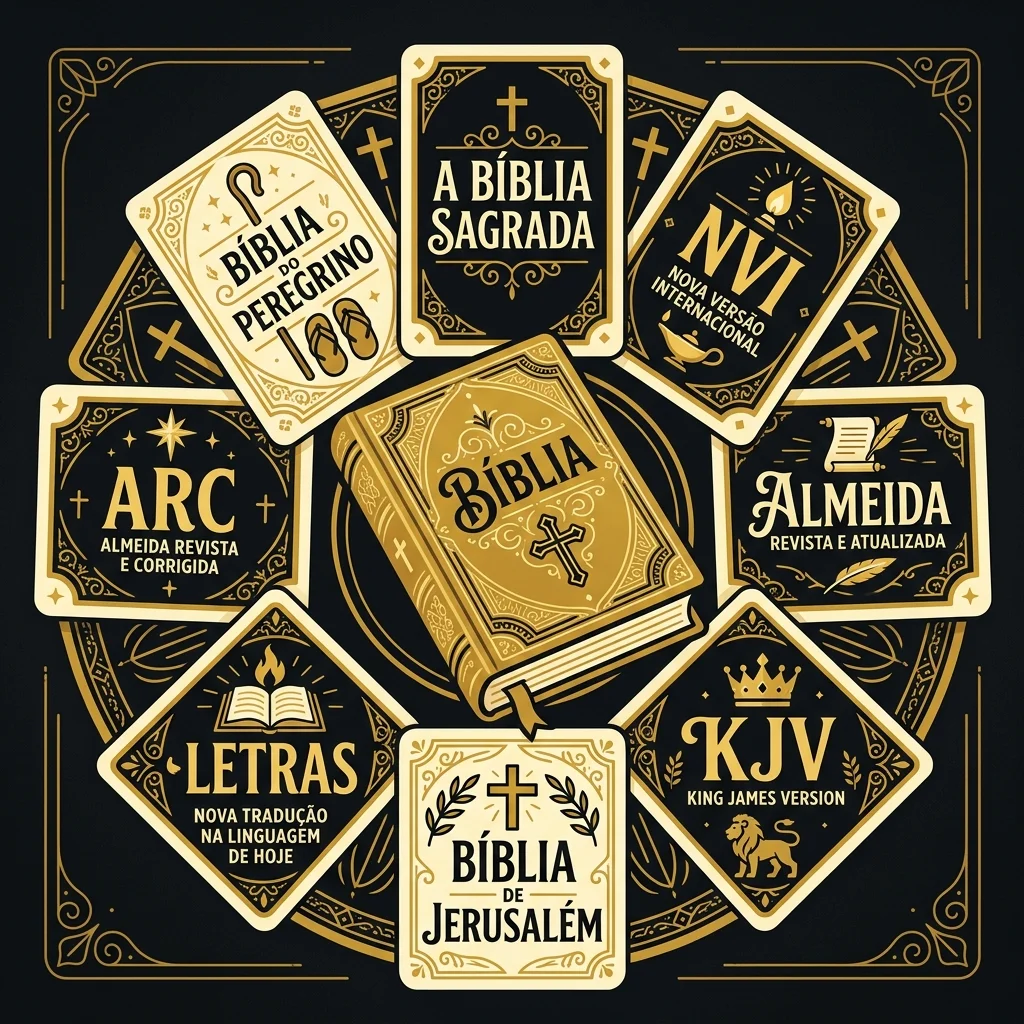 Ilustração cartoon em preto e dourado: Várias faixas de títulos de traduções dispostas como cartas ao redor de uma Bíblia central