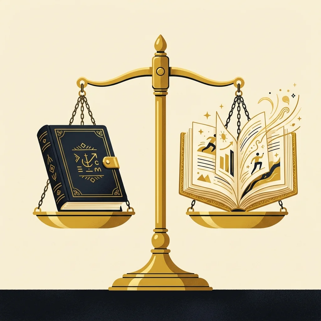 Ilustração cartoon em preto e dourado: Uma balança dourada equilibrando um livro fechado e um livro aberto, simbolizando literal e dinâmica