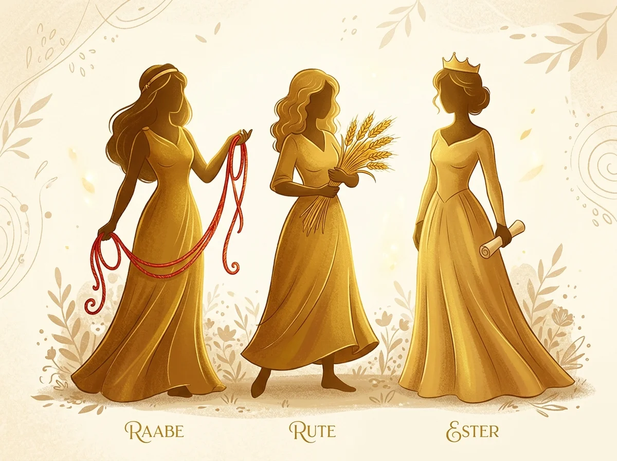 Ilustração cartoon em preto e dourado de Débora, Rute e Ester, representando as mulheres da Bíblia