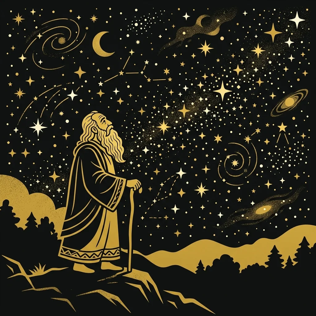 Ilustração cartoon em preto e dourado: Um patriarca idoso olhando para um céu estrelado, silhueta dourada contra fundo preto