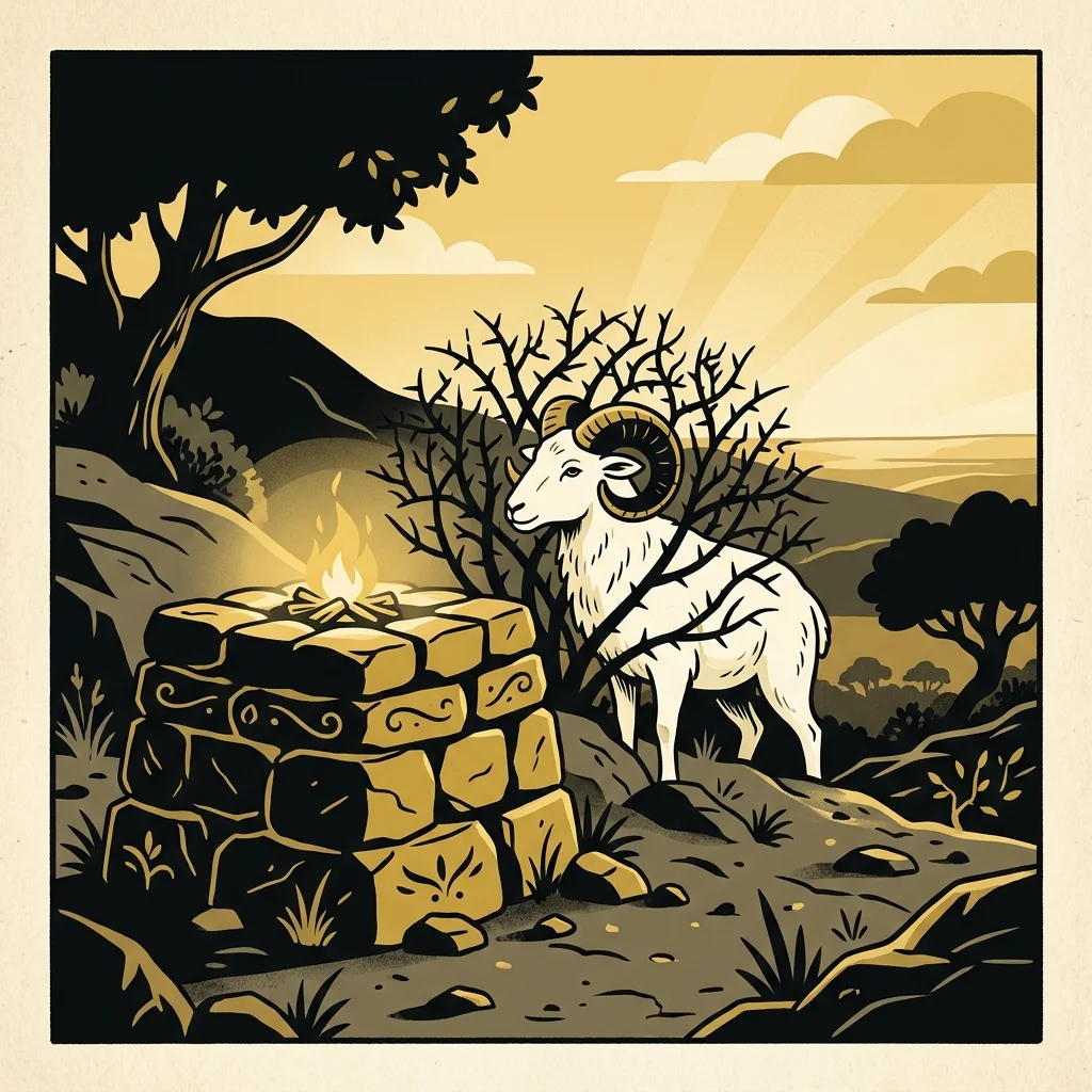 Ilustração cartoon em preto e dourado: Um altar de pedra com um carneiro preso a um arbusto ao lado, luz dourada suave