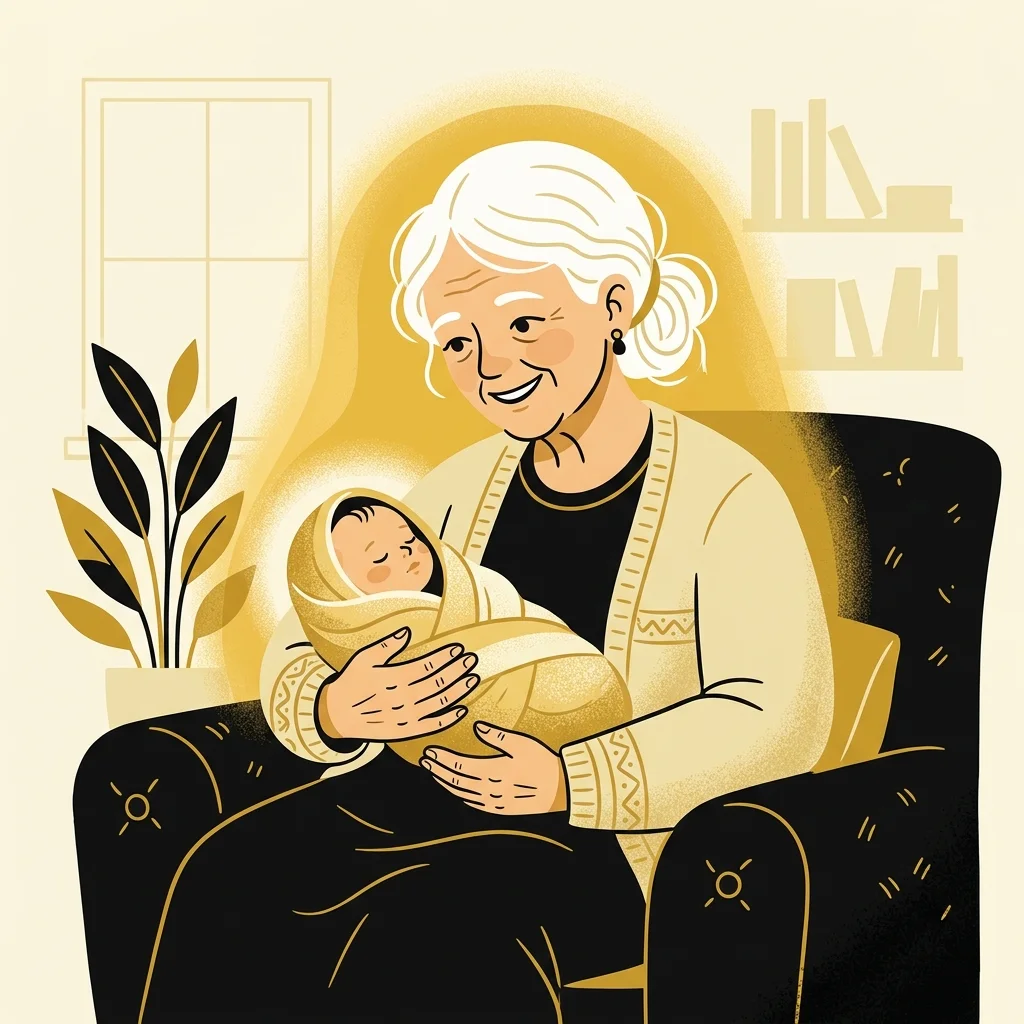 Ilustração cartoon em preto e dourado: Uma mulher idosa segurando um bebê recém-nascido envolto em pano, brilho dourado