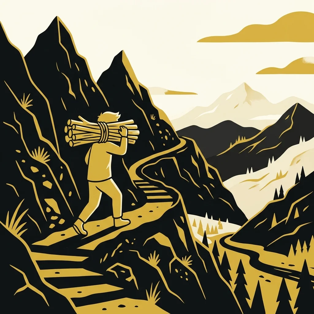Ilustração cartoon em preto e dourado: Um jovem carregando um feixe de lenha em uma trilha de montanha, silhueta dourada