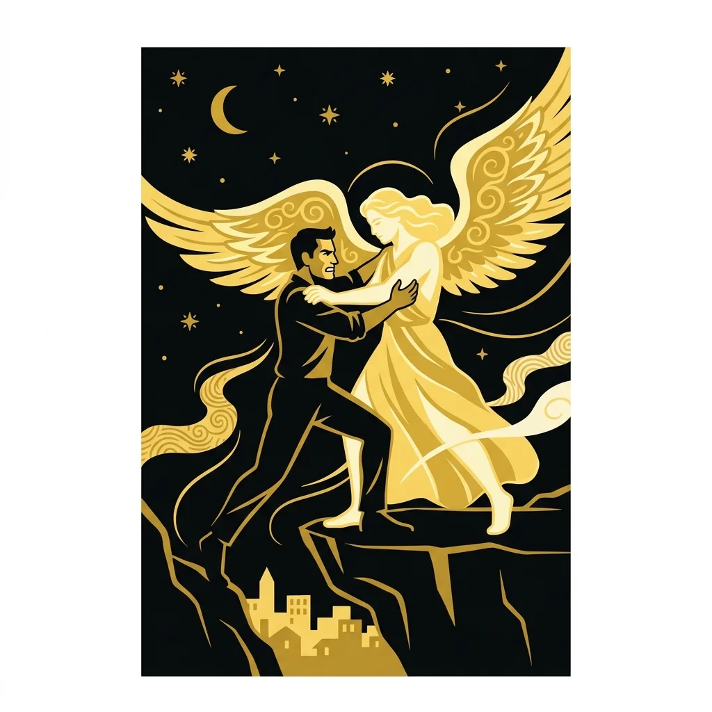 Ilustração cartoon em preto e dourado: Um homem lutando com uma figura angelical à meia-noite, silhuetas douradas em contraste