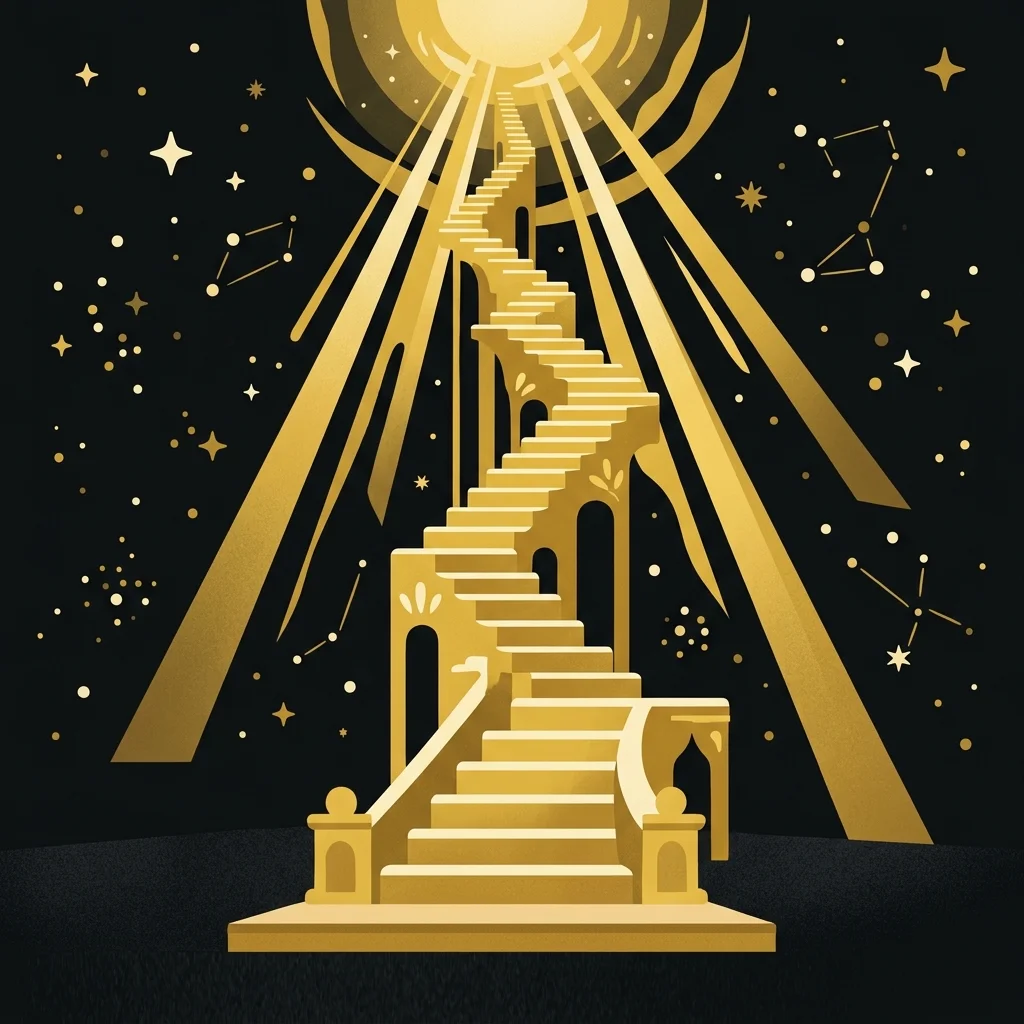 Ilustração cartoon em preto e dourado: Uma escada dourada se estendendo do chão até o céu estrelado, raios de luz