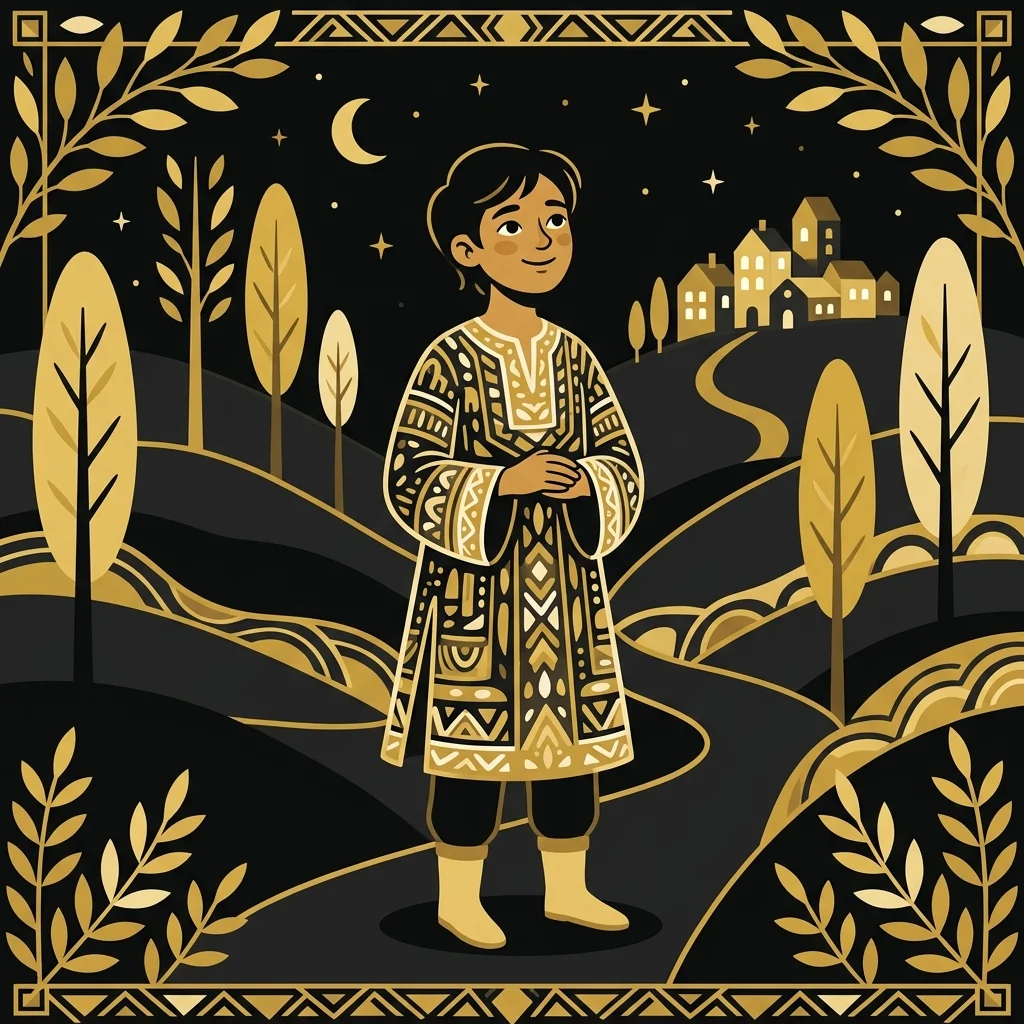 Ilustração cartoon em preto e dourado: Um jovem usando uma túnica colorida de mangas longas, silhueta com detalhes dourados