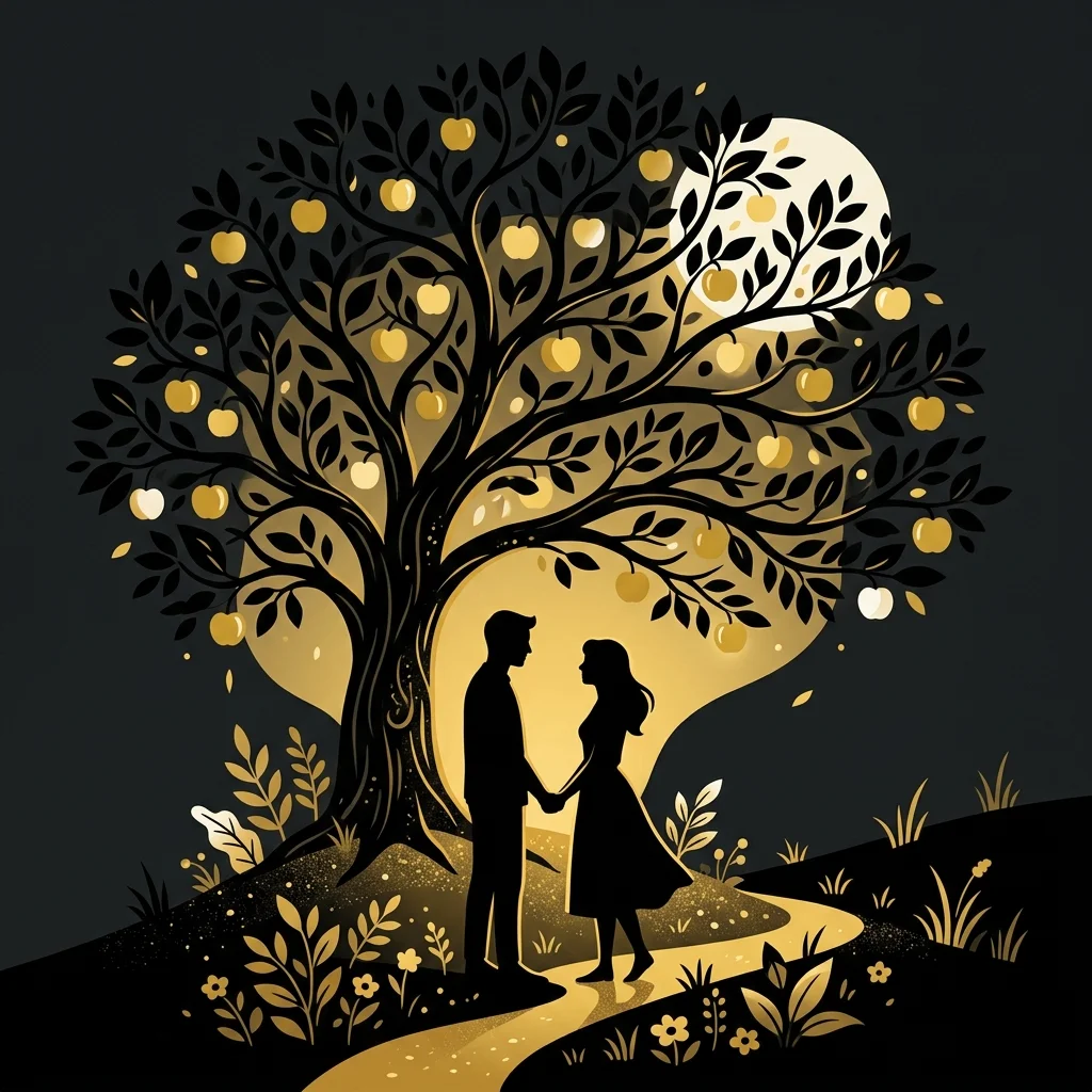 Ilustração cartoon em preto e dourado: Um homem e uma mulher em silhueta sob uma árvore frondosa com frutos dourados