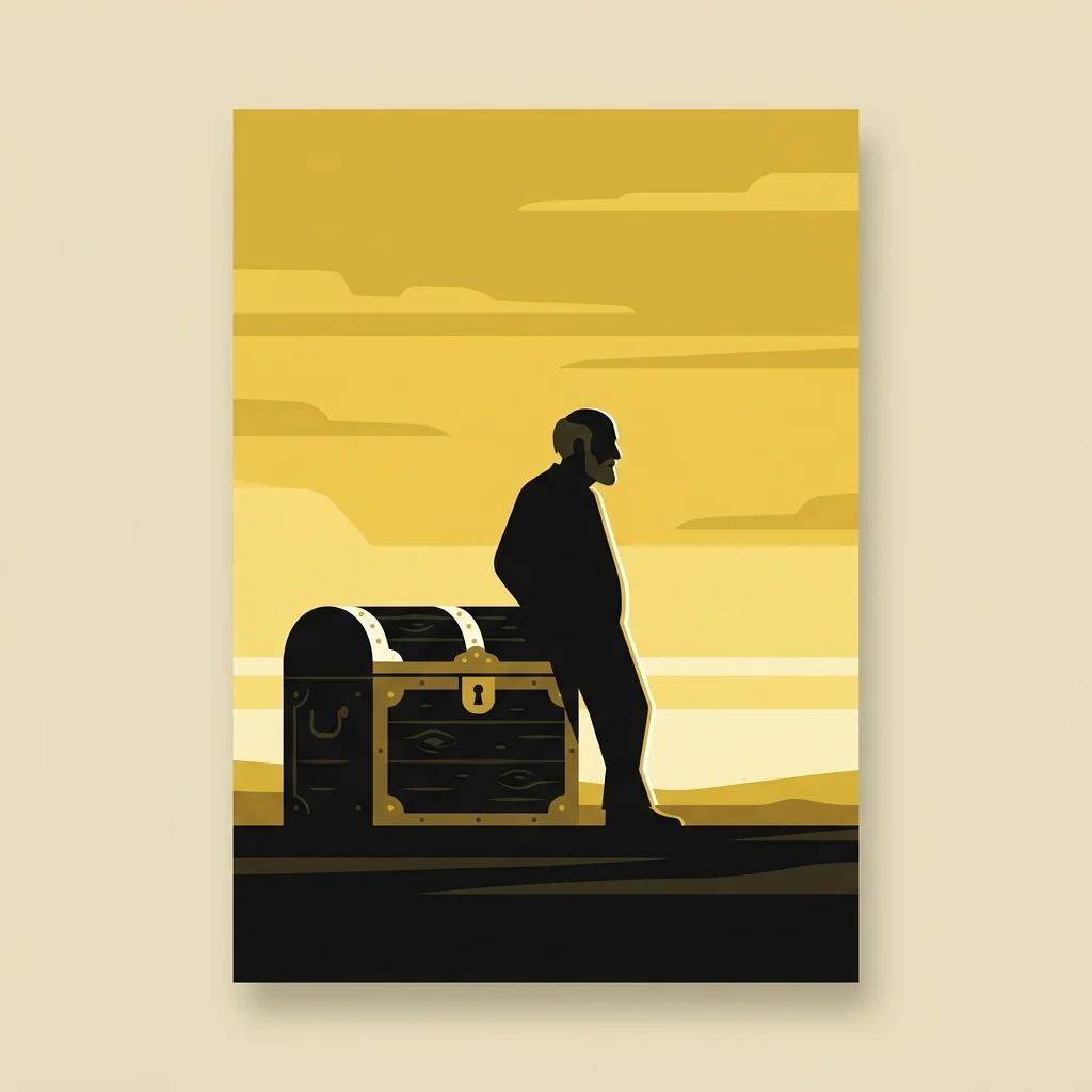 Ilustração cartoon em preto e dourado: Um homem idoso em silhueta ao lado de uma grande arca de madeira, céu dourado ao fundo