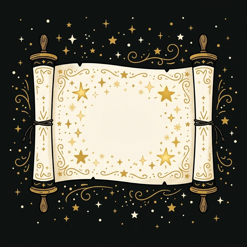 Ilustração cartoon em preto e dourado: Um pergaminho aberto com estrelas douradas desenhadas ao redor