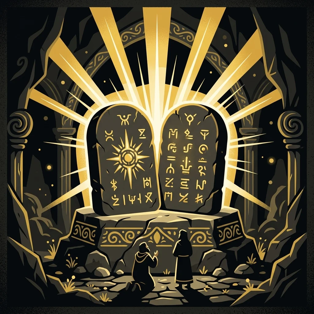 Ilustração cartoon em preto e dourado: Duas tábuas de pedra com raios de luz dourada emanando delas