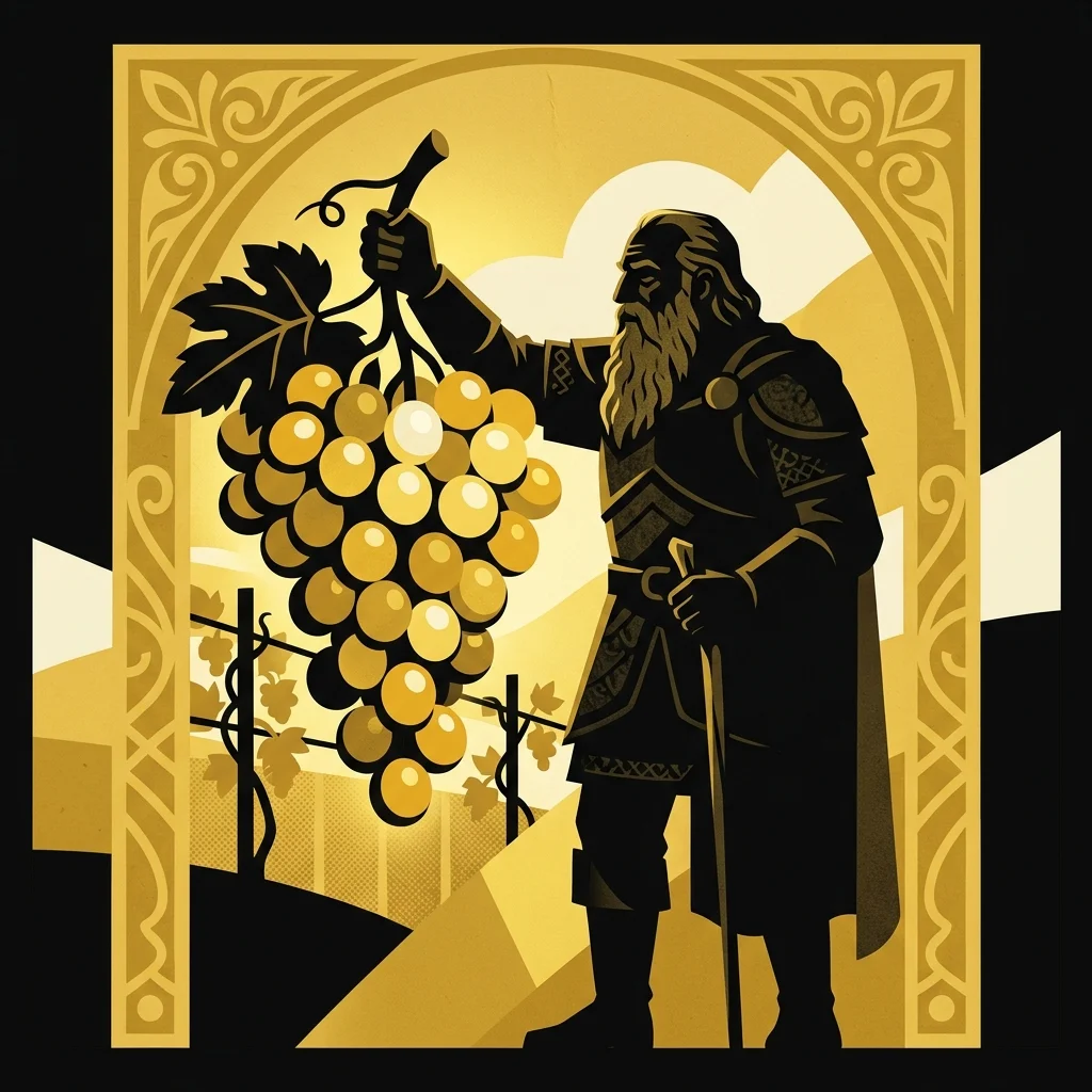 Ilustração cartoon em preto e dourado: Um guerreiro idoso em silhueta segurando um enorme cacho de uvas douradas