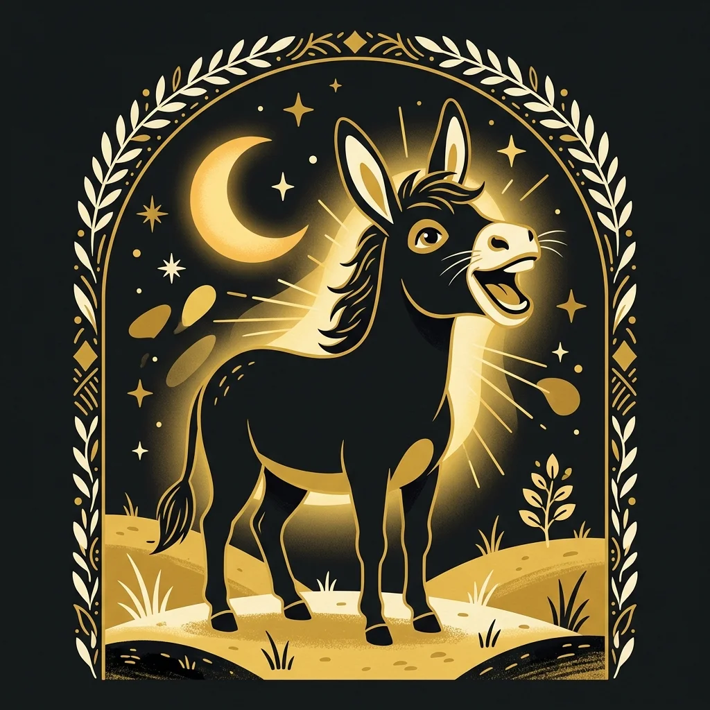 Ilustração cartoon em preto e dourado: Um jumento com a boca aberta como se estivesse falando, luz dourada ao redor