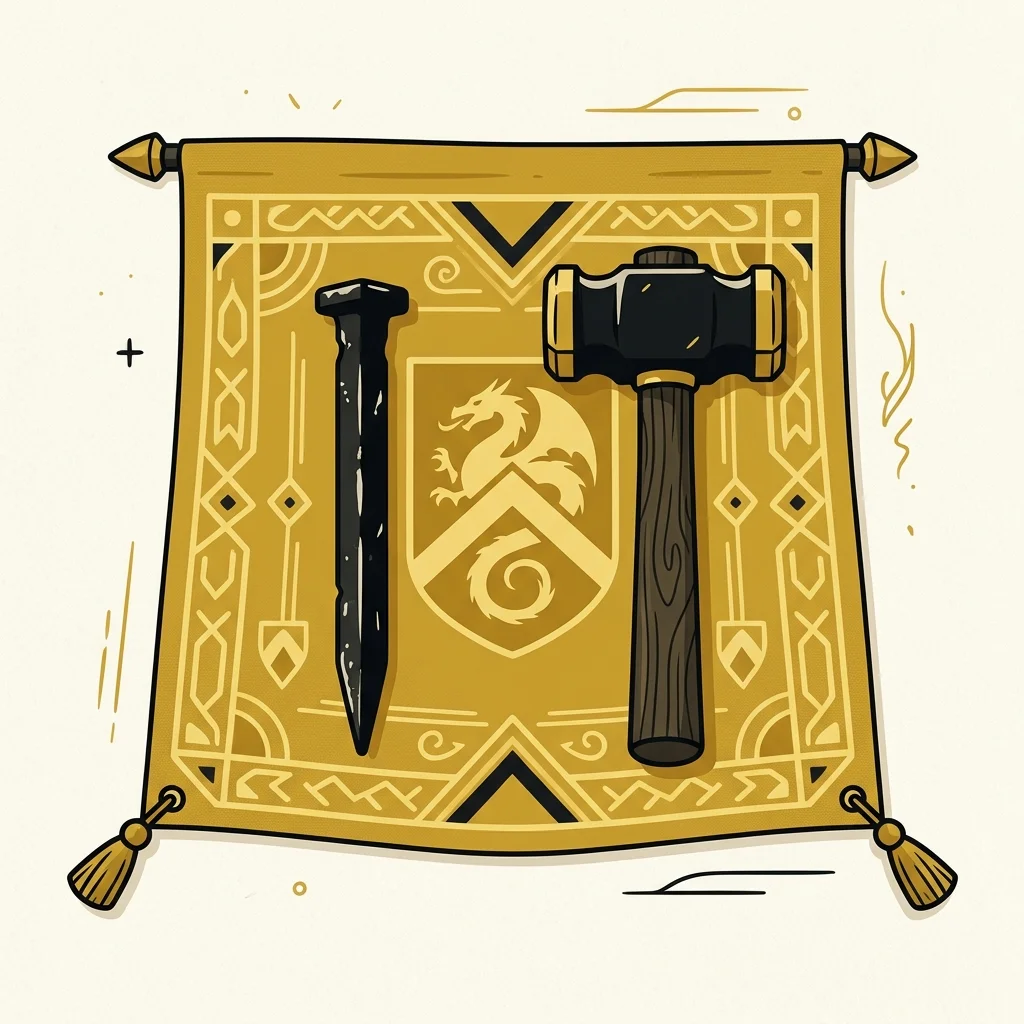 Ilustração cartoon em preto e dourado: Uma estaca de tenda e um martelo repousando sobre um estandarte de batalha dourado