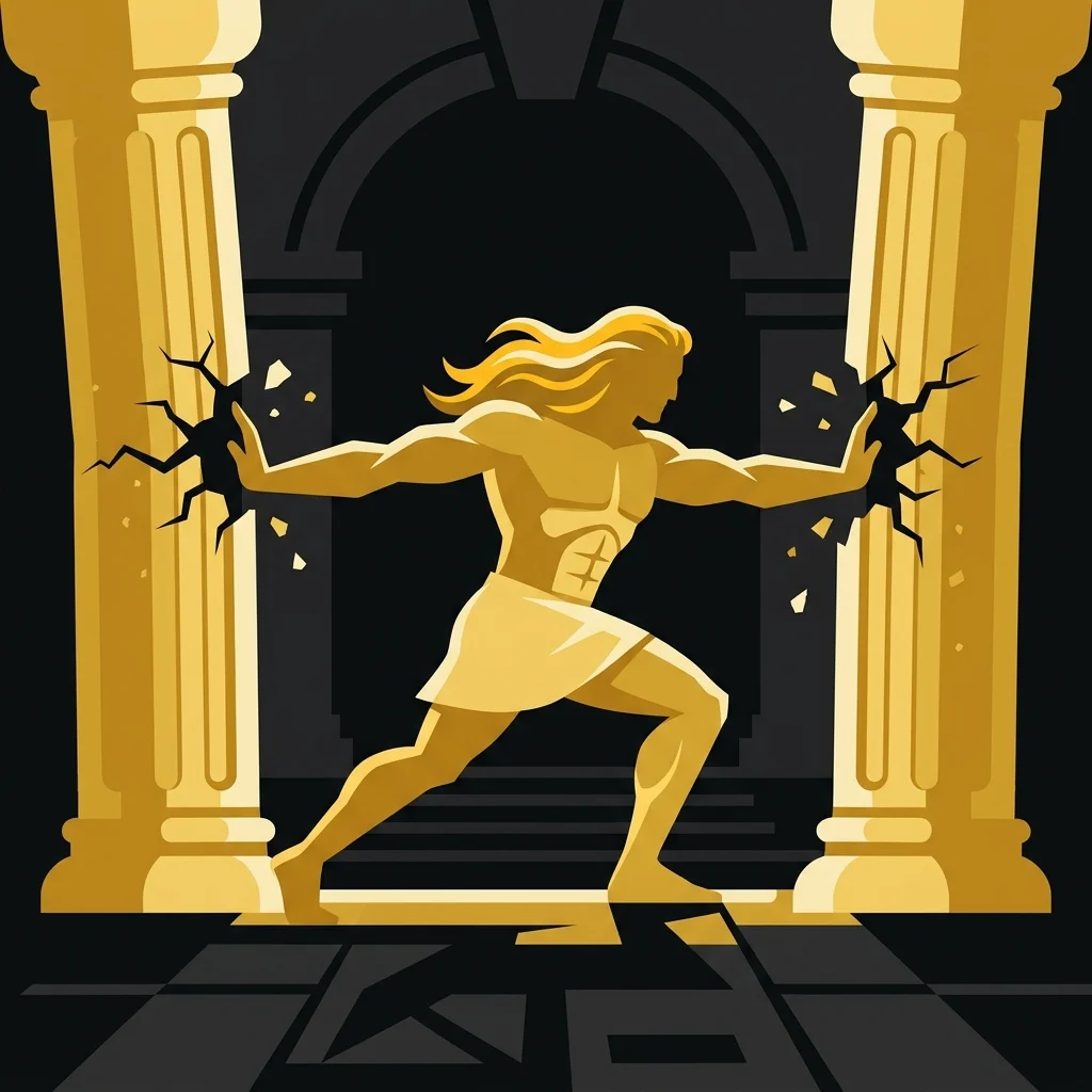 Ilustração cartoon em preto e dourado: Um homem forte de cabelos longos empurrando duas colunas de um templo, silhueta dourada