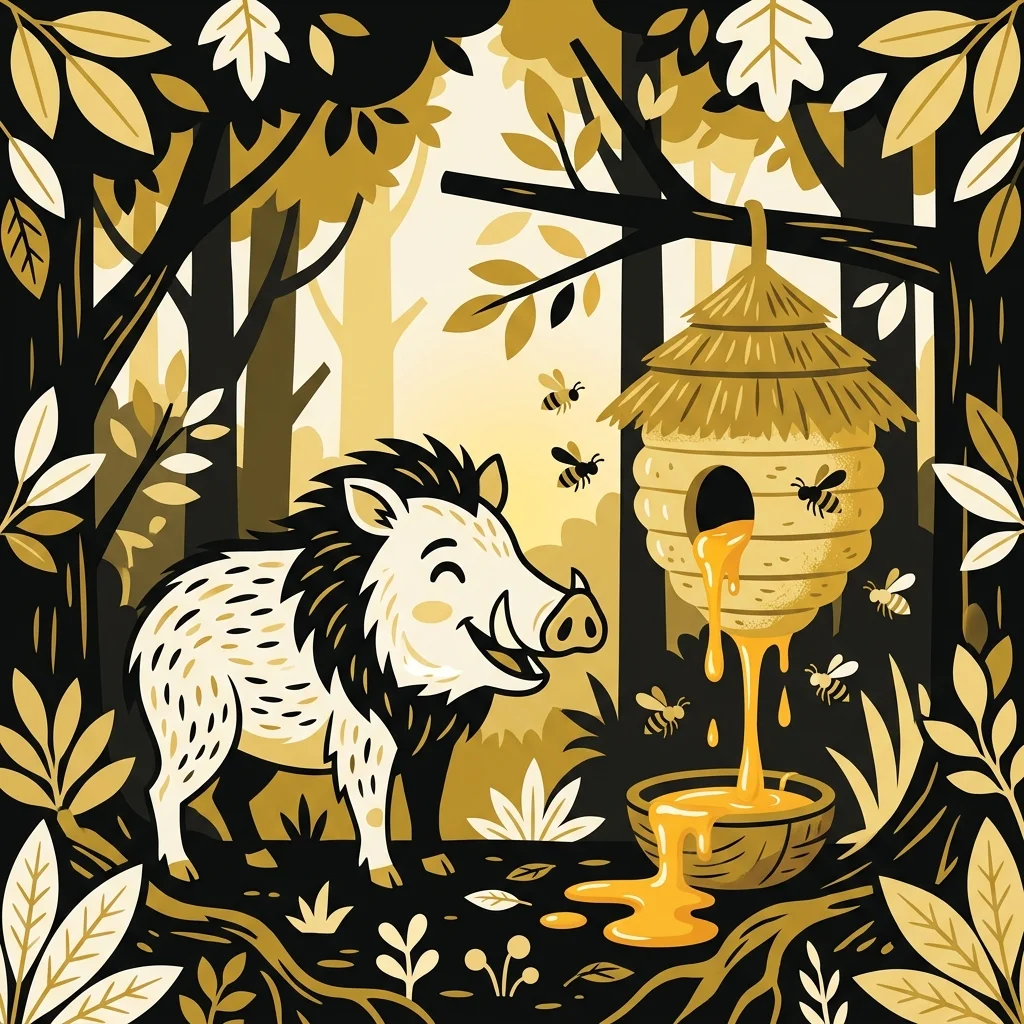 Ilustração cartoon em preto e dourado: Uma queixada estilizada ao lado de uma colmeia com mel dourado escorrendo