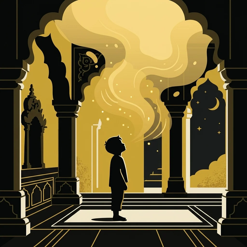 Ilustração cartoon em preto e dourado: Um menino em silhueta dentro de um templo à noite, ouvindo uma voz, luz dourada suave