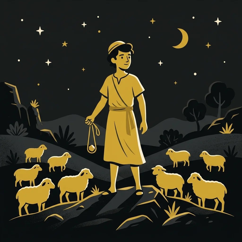 Ilustração cartoon em preto e dourado: Um jovem pastor segurando uma funda, silhueta dourada com ovelhas ao fundo