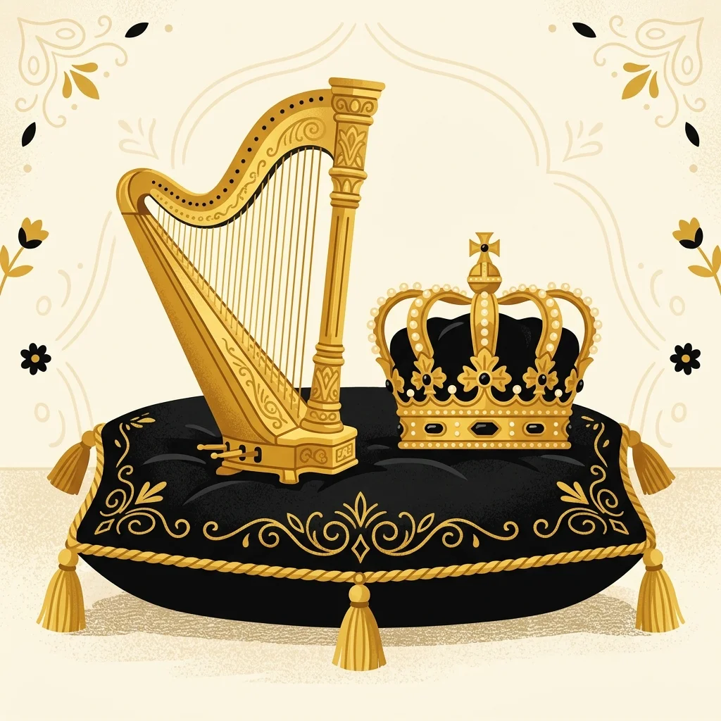 Ilustração cartoon em preto e dourado: Uma harpa dourada e uma coroa repousando lado a lado sobre uma almofada