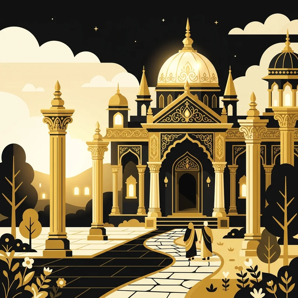Ilustração cartoon em preto e dourado: Um templo com pilares dourados e detalhes ornamentados, luz solar suave
