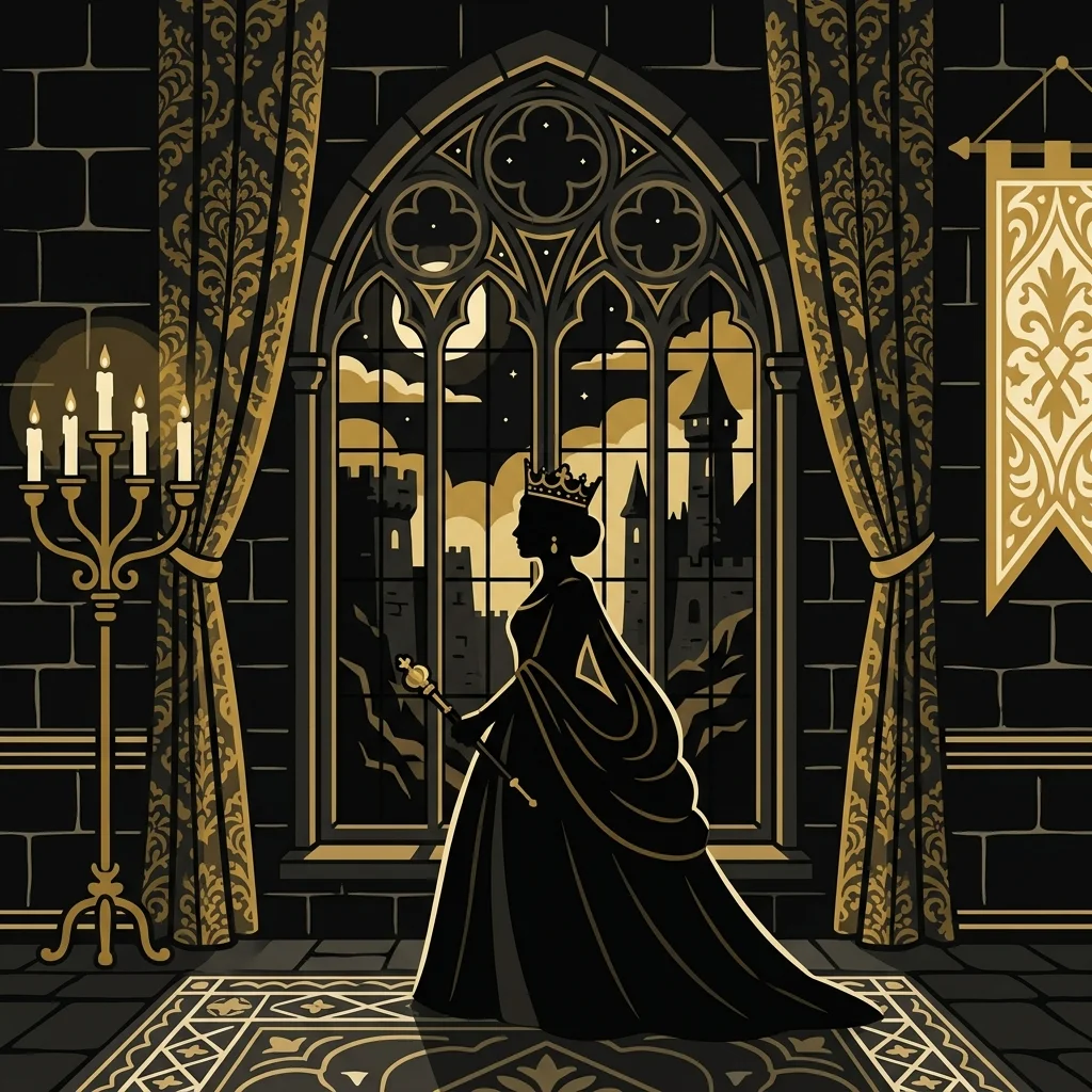 Ilustração cartoon em preto e dourado: Uma rainha em silhueta diante de uma janela escura, tons dourados e sombrios