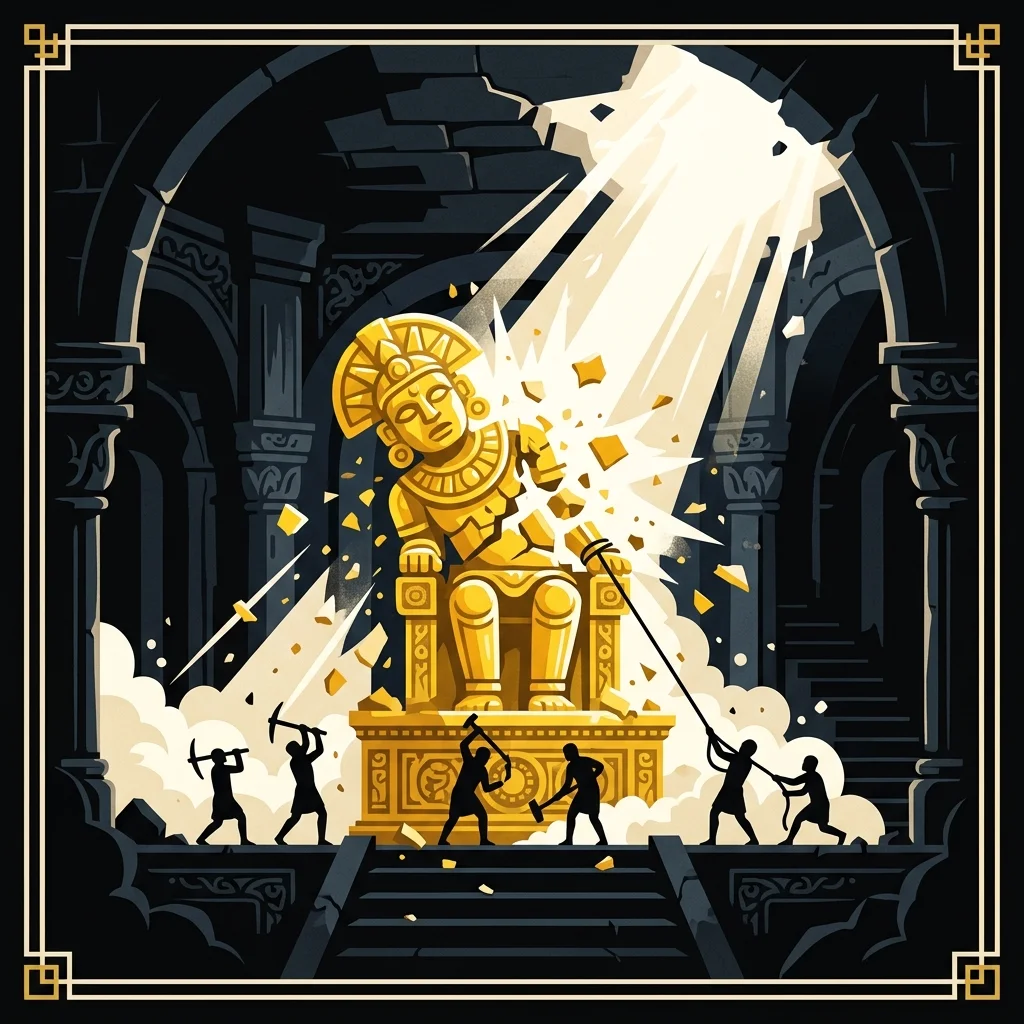 Ilustração cartoon em preto e dourado: Um altar de ídolo dourado sendo derrubado, luz quebrando através da escuridão