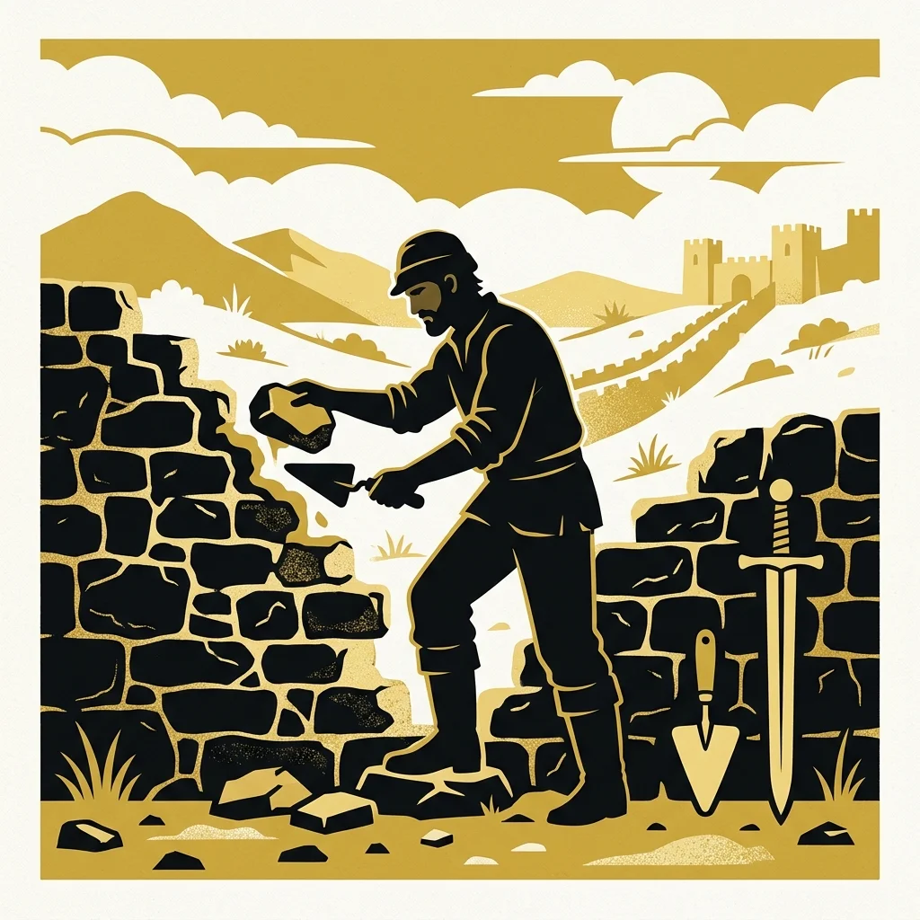 Ilustração cartoon em preto e dourado: Um homem reconstruindo um muro de pedra com uma colher de pedreiro e espada ao lado, silhueta dourada