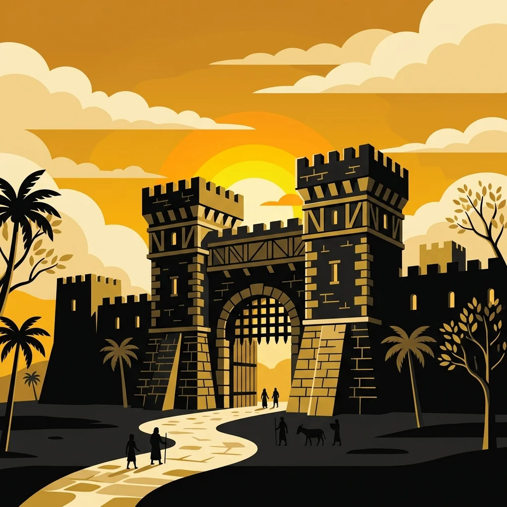Ilustração cartoon em preto e dourado: Um portão de cidade restaurado ao pôr do sol, tons dourados intensos