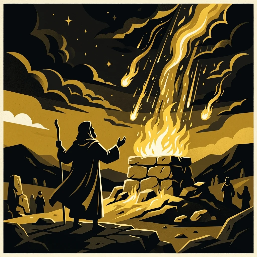 Ilustração cartoon em preto e dourado: Um profeta em silhueta diante de fogo caindo do céu sobre um altar, dourado intenso