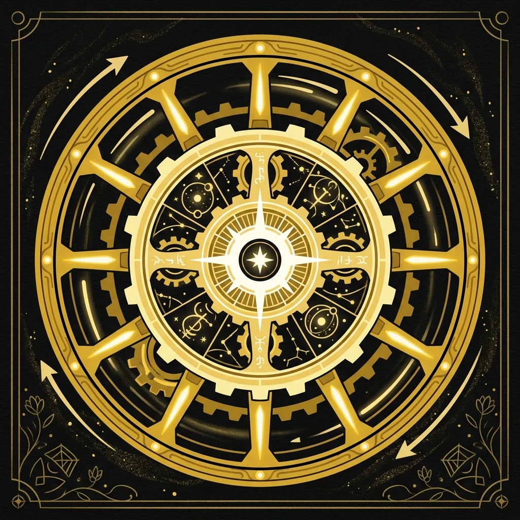 Ilustração cartoon em preto e dourado: Uma roda dentro de outra roda girando, símbolo visionário em tons dourados