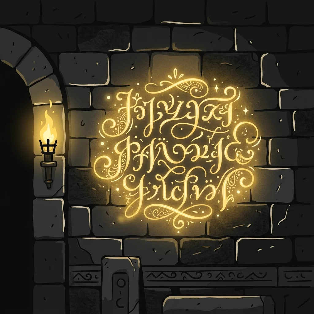 Ilustração cartoon em preto e dourado: Uma escrita luminosa dourada aparecendo em uma parede de pedra escura