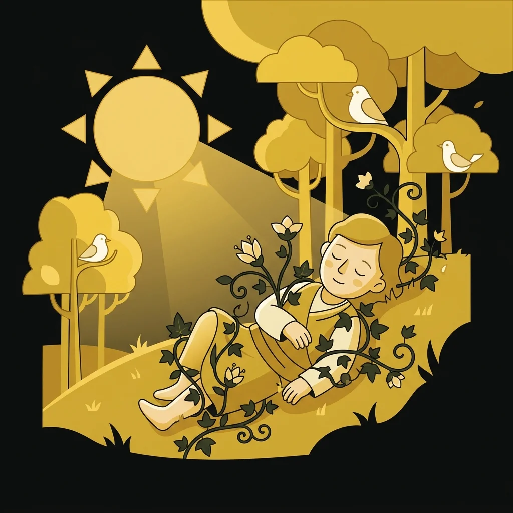 Ilustração cartoon em preto e dourado: Uma pequena planta trepadeira crescendo sobre uma figura descansando ao sol