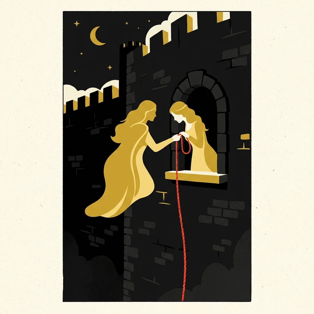 Ilustração cartoon em preto e dourado: Uma mulher abaixando um cordão vermelho por uma janela de muralha, silhueta dourada
