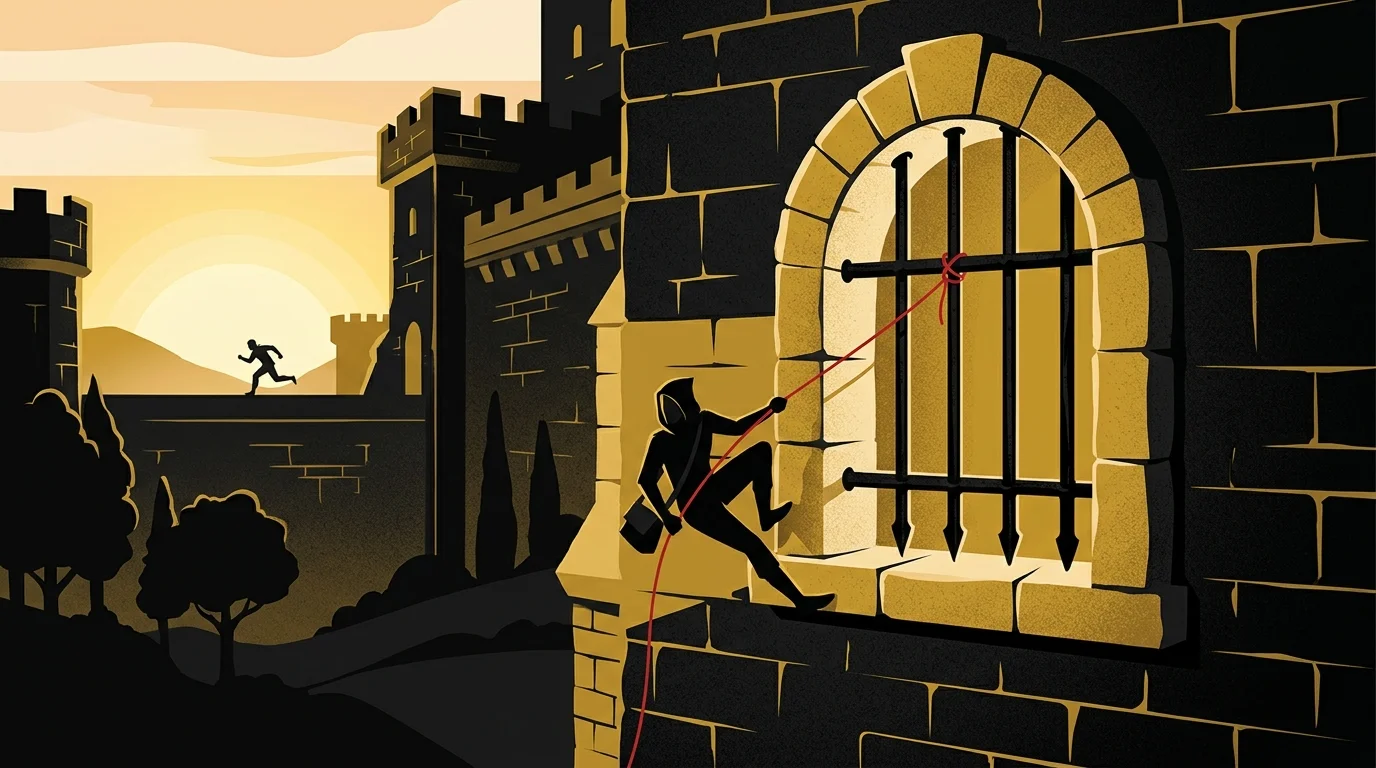 Ilustração cartoon em preto e dourado: Um cordão vermelho amarrado a uma janela de pedra, espiões em silhueta escapando ao amanhecer