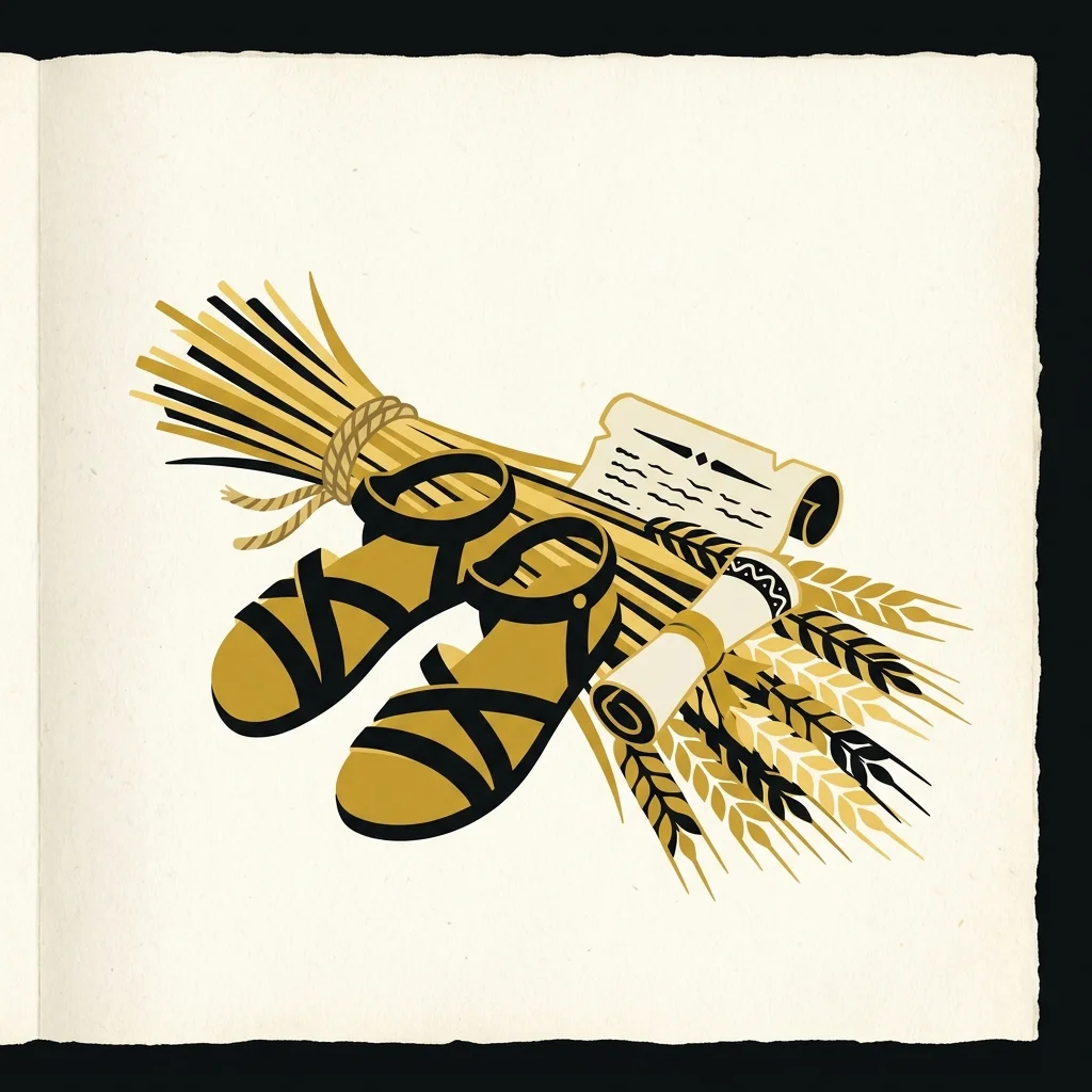 Ilustração cartoon em preto e dourado: Duas sandálias e um pergaminho repousando sobre um feixe de trigo, símbolo de resgate