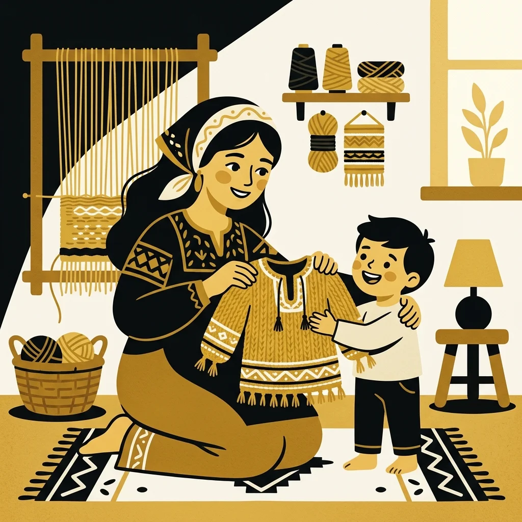 Ilustração cartoon em preto e dourado: Uma pequena túnica tecida à mão, presente de uma mãe para o filho, tons dourados