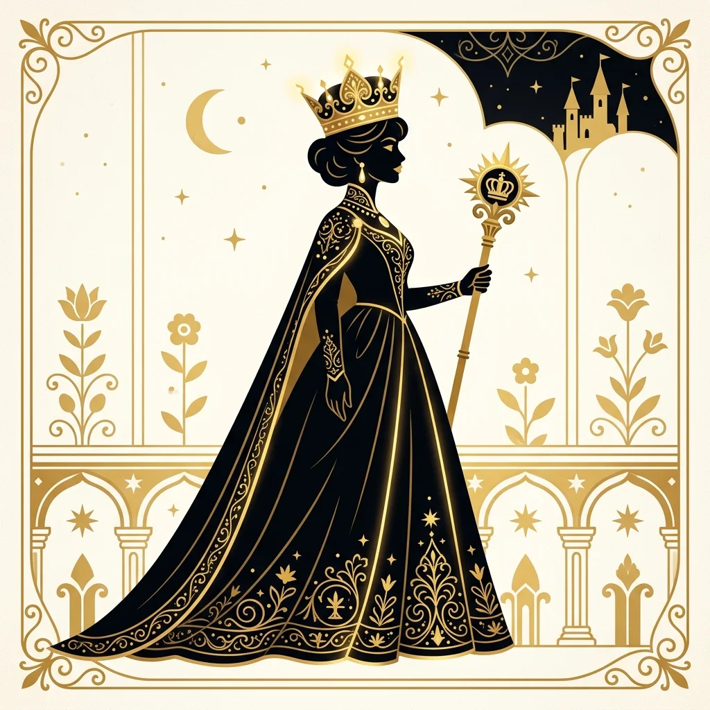 Ilustração cartoon em preto e dourado: Uma rainha usando uma coroa dourada e segurando um cetro, silhueta elegante