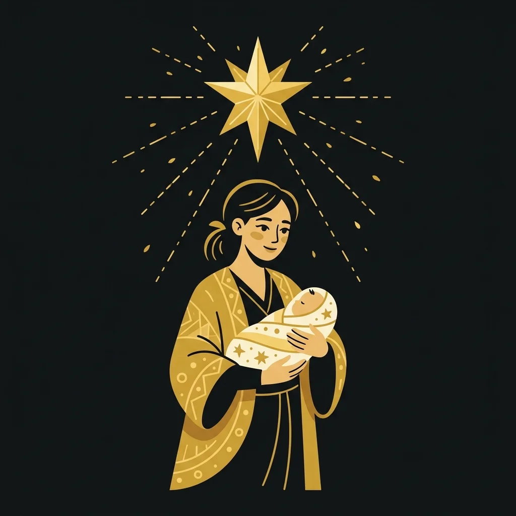 Ilustração cartoon em preto e dourado: Uma mulher segurando um bebê envolto em panos, estrela dourada brilhando acima